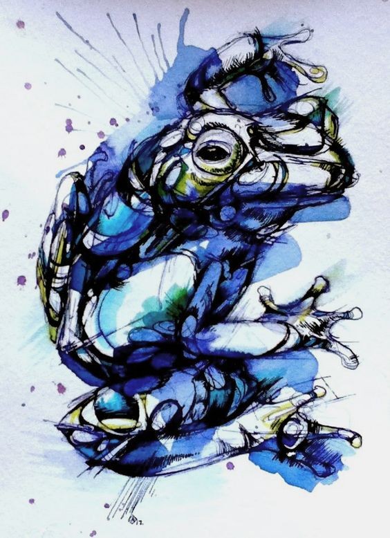 Black drawn frog on blue watercolor background tattoo design