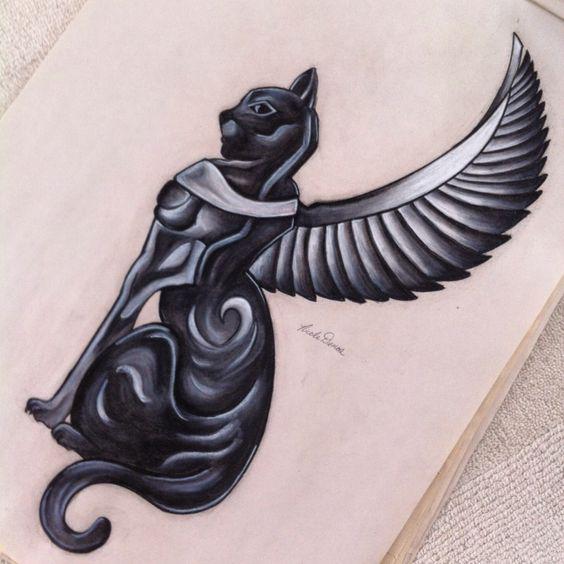 Black egyptian winged cat in profile tattoo design