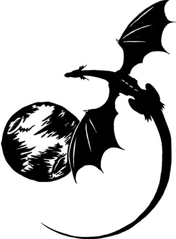 Black fabulous flying dragon silhouette and full moon tattoo design