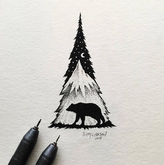 Black fir-tree with polar bear view tattoo design