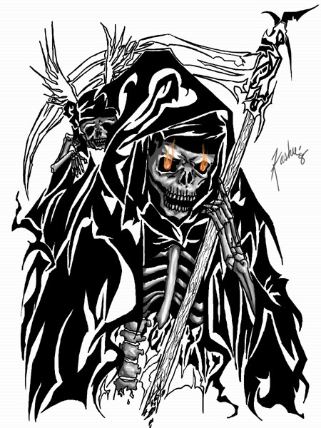 Black fire-eyed death skeleton tattoo design by Kashiechan