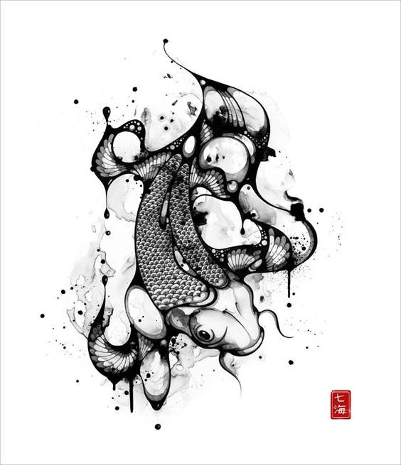 Black fish with watercolor flippers tattoo design