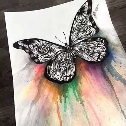 Black floral butterfly on watercolor background tattoo design
