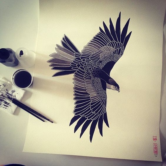 Black flying down eagle tattoo design