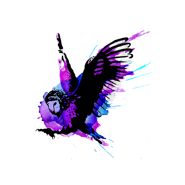 Black flying owl on blue-and-purple background tattoo design