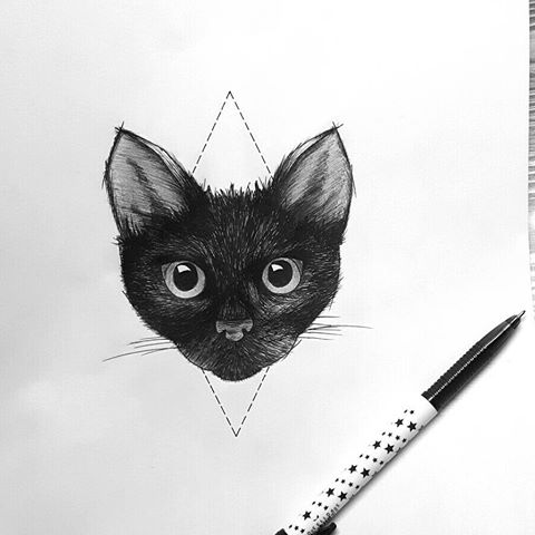 Black googled cat head on dashed rhombus background tattoo design