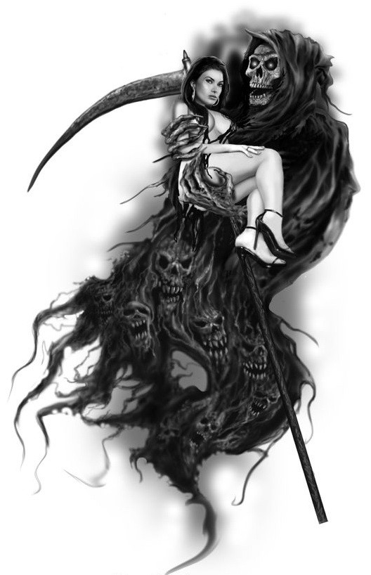 Morte horrível preta mantendo uma garota nua em design de tatuagem de mãos