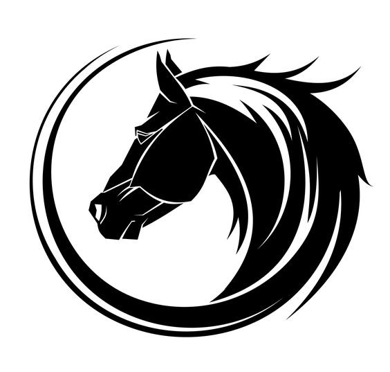 Black horse head in curly emblem tattoo design