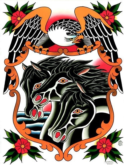 Black horse trio pictured at coat of arms tattoo design