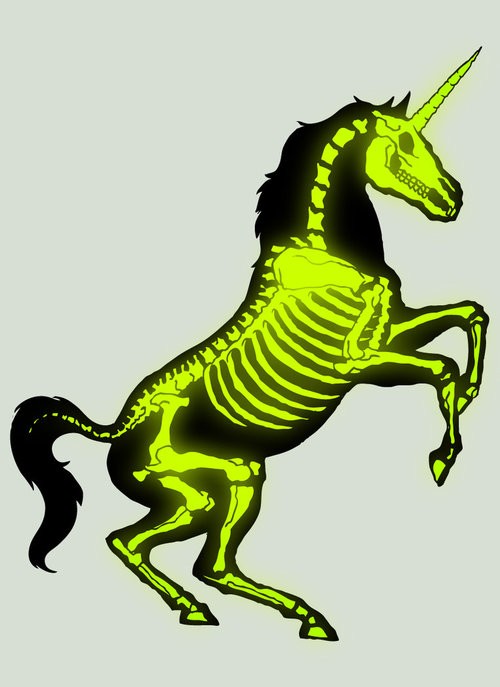 Black jumping unicorn with shining yellow skeleton tattoo design