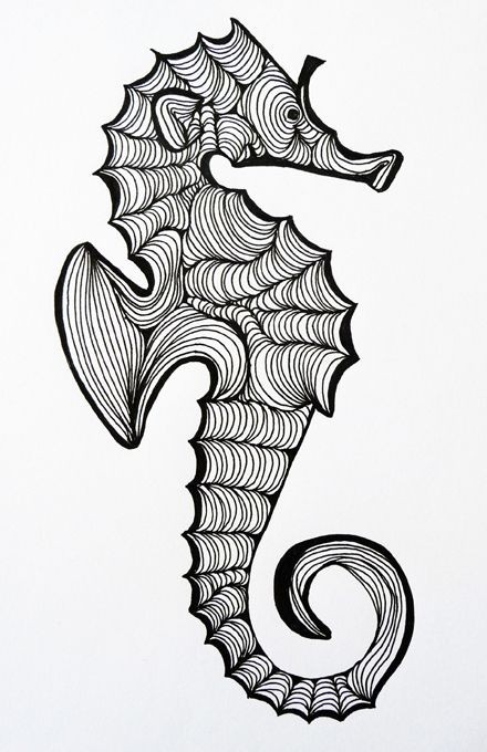 Black line-printed seahorse tattoo design