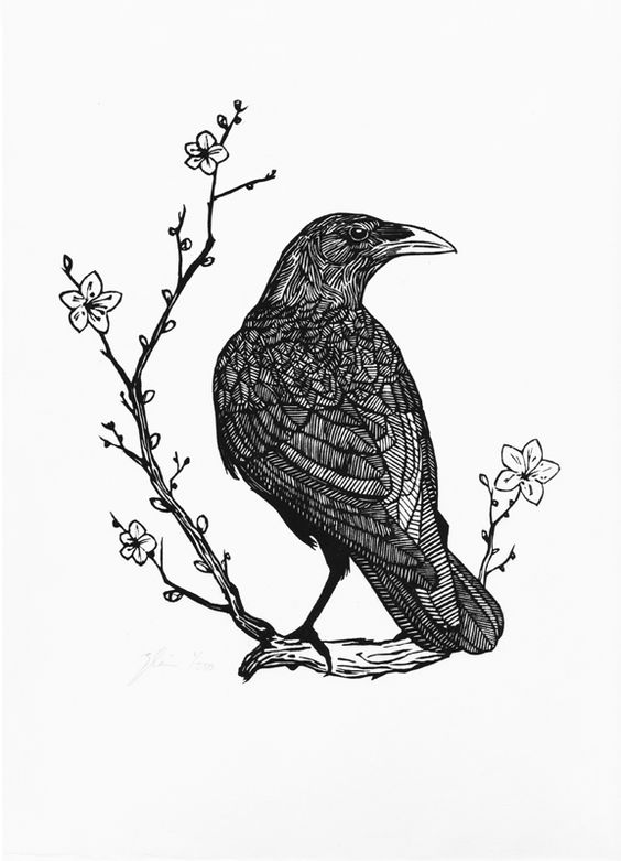 Black lined raven sitting on flowered branch tattoo design