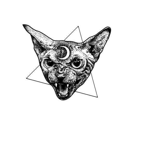 Black moon-signed screaming cat on triangle background tattoo design