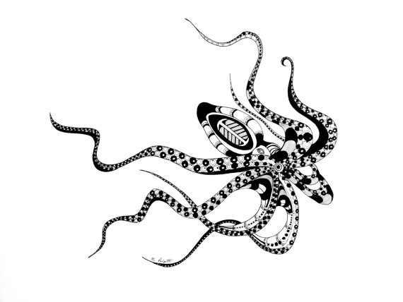 Black octopus with interesting pattern tattoo design