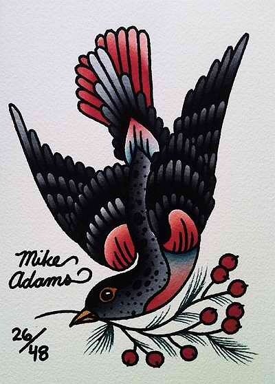 Black old school dove with red-berried branch tattoo design