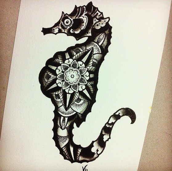 Black old school seahorse with mandala pattern tattoo design