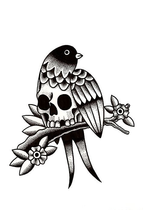 Black old school style sparrow with skull-printed body tattoo design