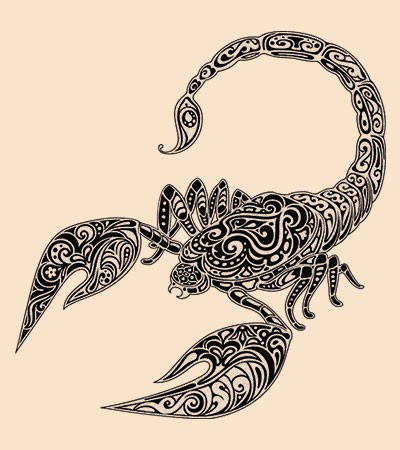Black ornamented artistic scorpion tattoo design