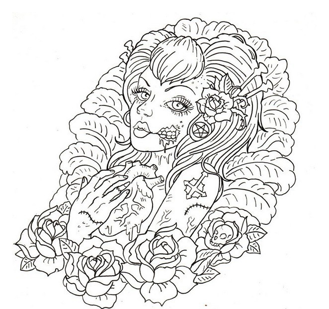 Black outline zombie girl with a human heart and roses tattoo design