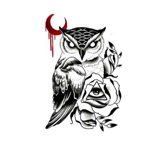 Black owl with illuminati rose and blooded moon tattoo design