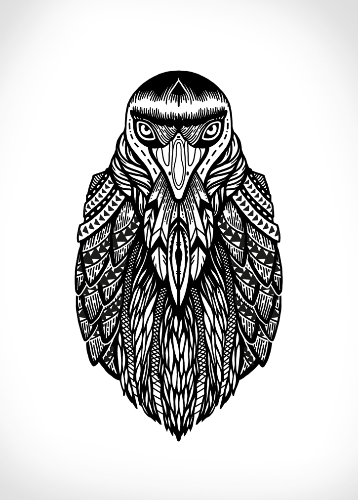 Black patterned raven portrait tattoo design