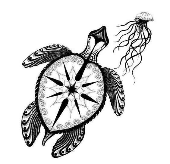 Black patterned turtle swimming for small jellyfish tattoo design