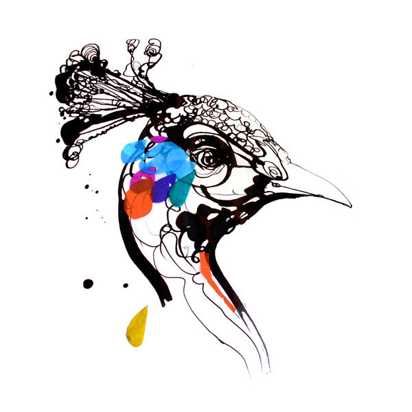 Black peacock head with colorful feathers tattoo design