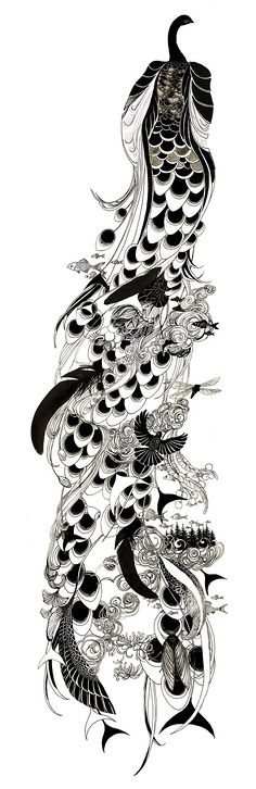 Black peacock with huge ornate tail tattoo design