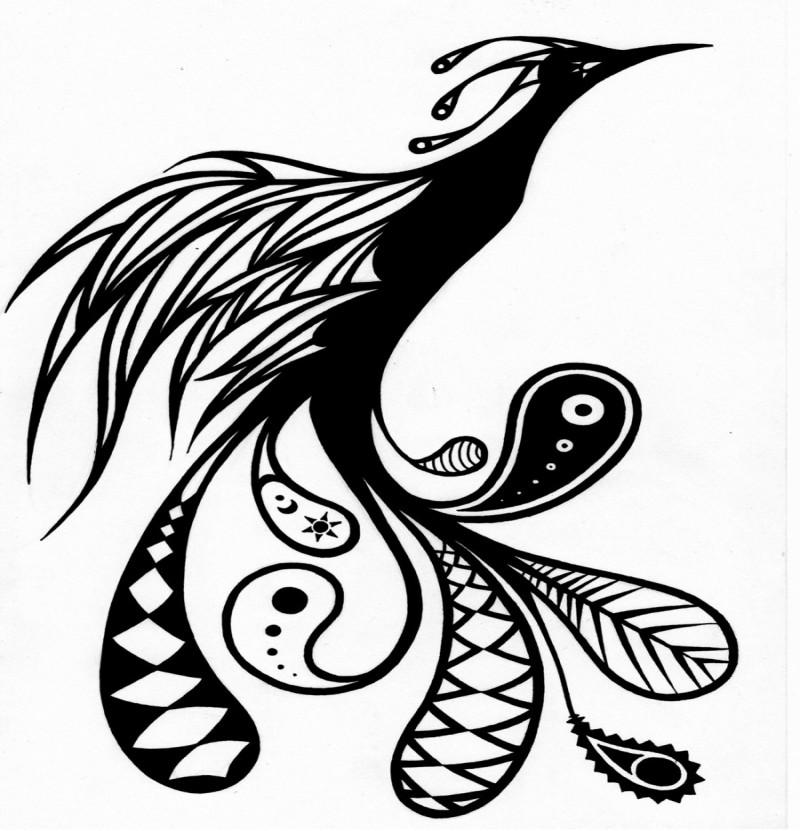 Black phoenix with folk-patterned tail tattoo design