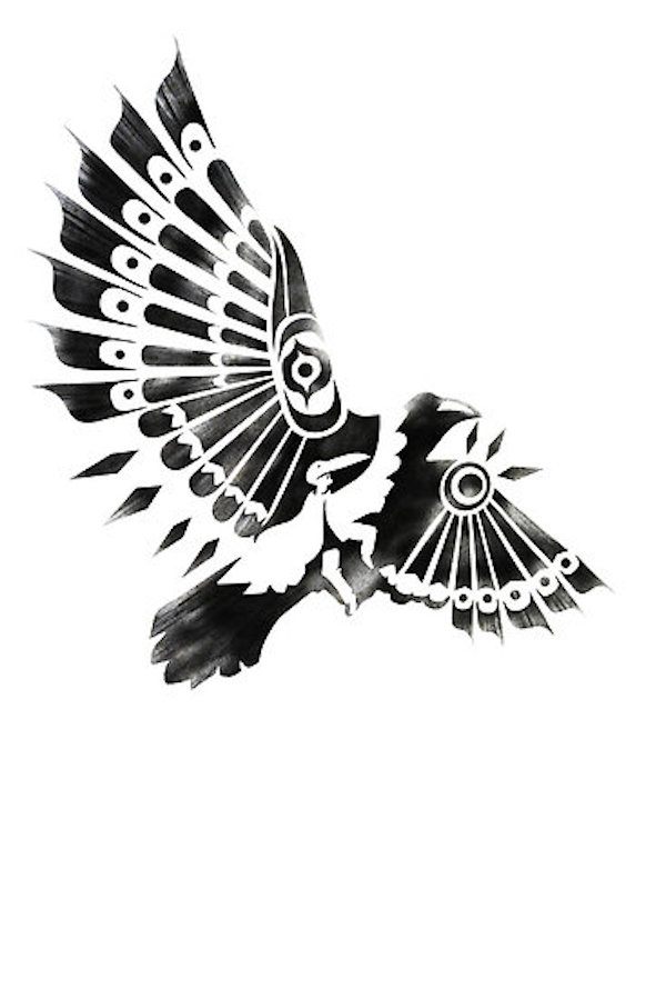 Black polynesian flying raven tattoo design