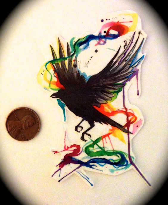Black raven flying on swirly rainbow watercolor stripe tattoo design