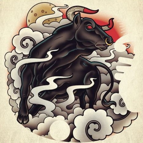 Black red-eyed bull in grey smoke tattoo design