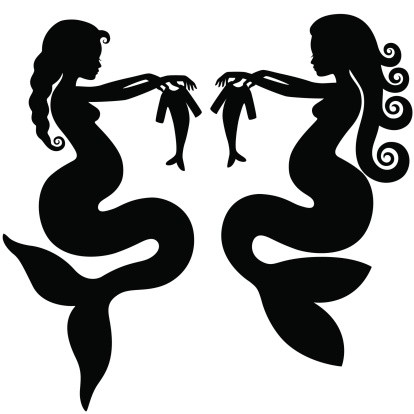 Black reflected pregnant mermaids with babies tattoo design