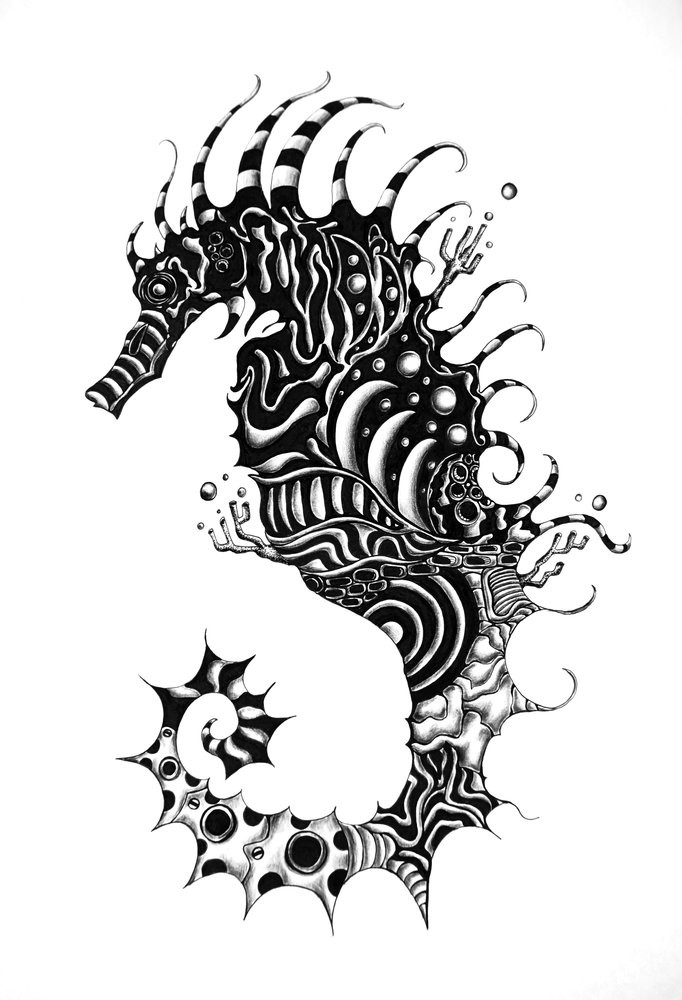 Black rich patterned seahorse tattoo design
