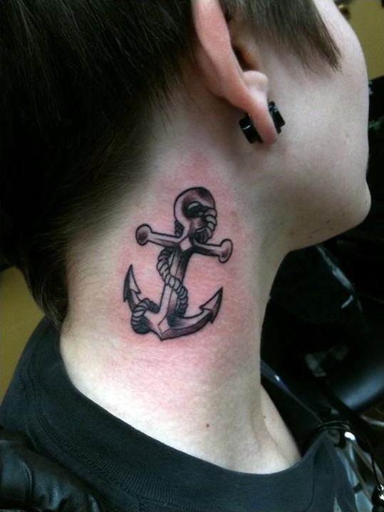 Black roped anchor tattoo on neck
