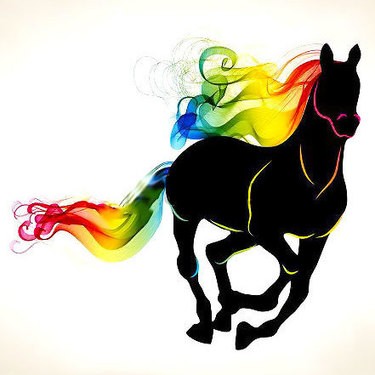 Black running horse with rainbow mane and tail tattoo design