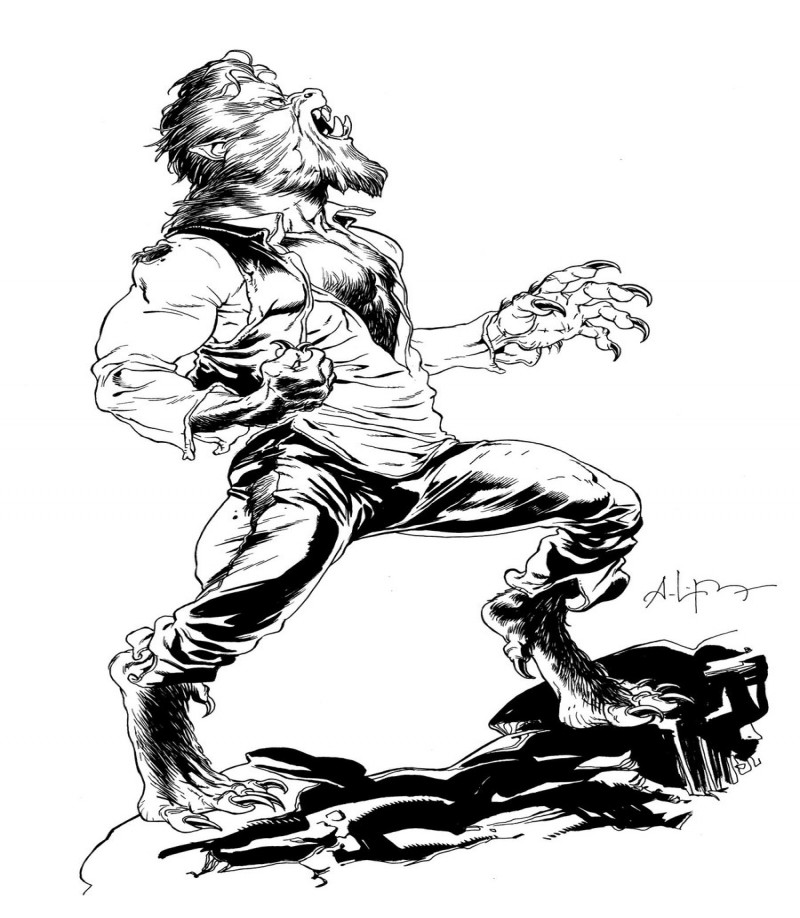 Black screaming werewolf in shirt standing on rock tattoo design by Andrei Bressan