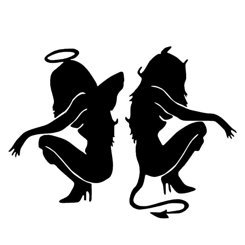 Diabo sentado preto e anjo menina silhuetas tatuagem desenho