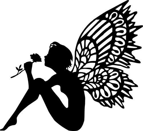 Black sitting fairy smelling a rose tattoo design