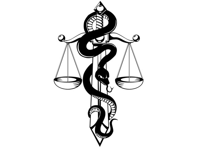 Black snake wrapping justice scale tattoo design