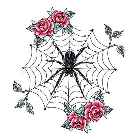 Black spider sitting on flowered net tattoo design