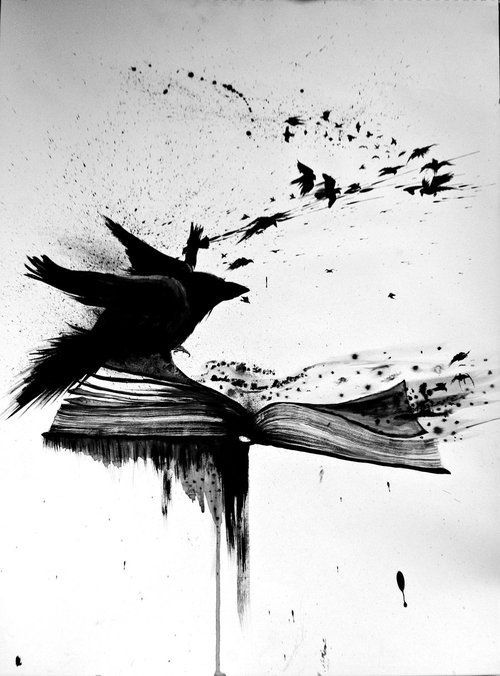 Black splashed raven ascaping fron a book tattoo design