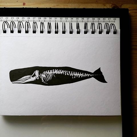 Black squared whale with thin skeleton inside tattoo design