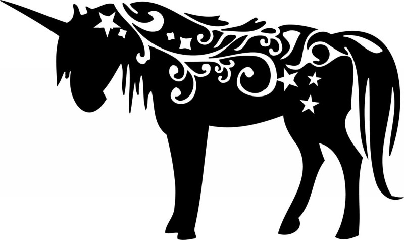 Black standing unicorn with white curly print tattoo design