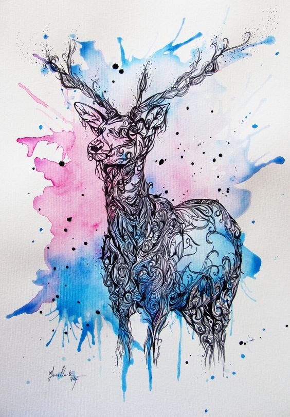 Black swirly deer on blue-and-pink watercolor background tattoo design