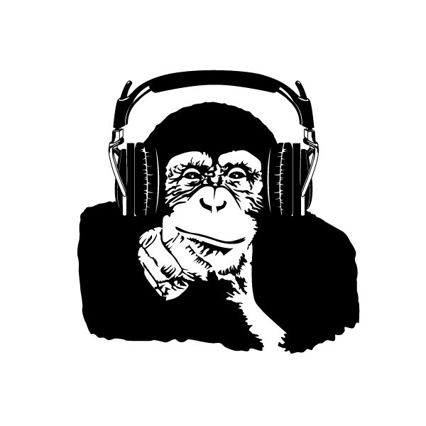Black thinking monkey in earphones tattoo design