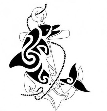 Black tribal dolphin embracing outline anchor tattoo design