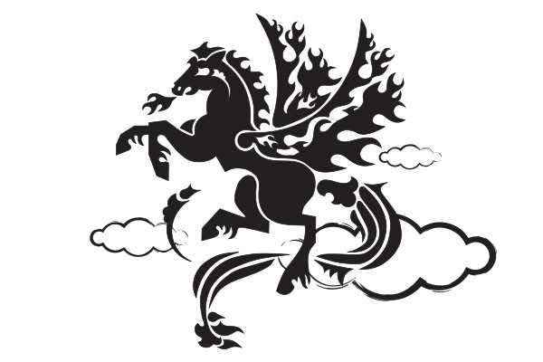 Pegasus tribal preto no projeto da tatuagem do fundo nebuloso