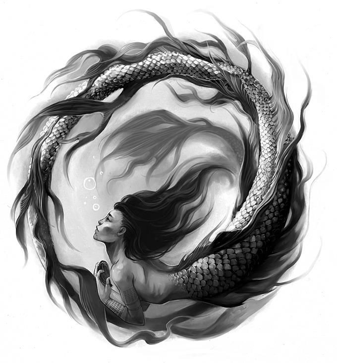 Black uroboros-style mermaid tattoo design