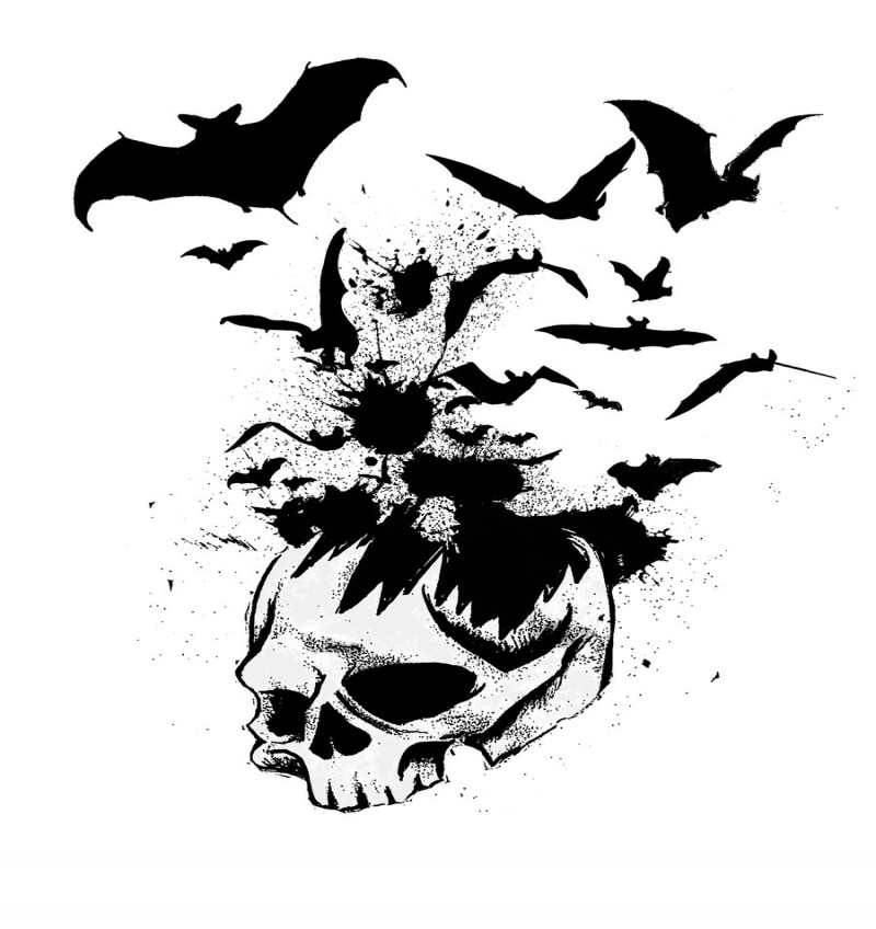 Black watercolor human skull and fluing bat flock tattoo design by Kreld